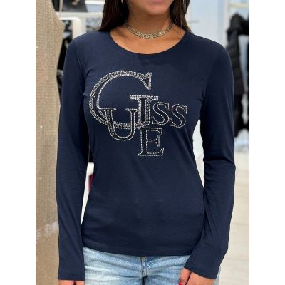 Guess - LS RN Guess Studded Logo Tee - Blauw