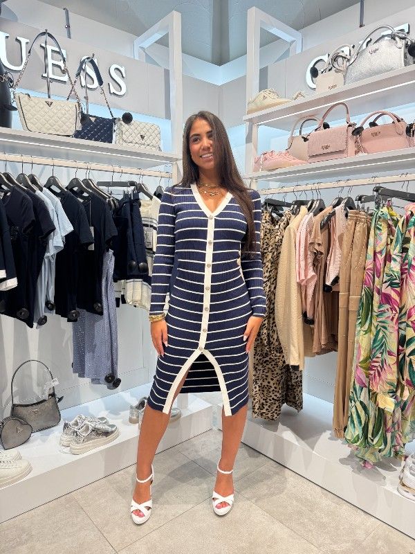 Guess - Ls Vn Striped Andrea Midi Dress - Blauw