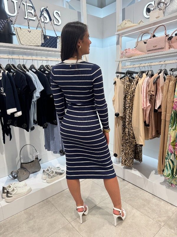 Guess - Ls Vn Striped Andrea Midi Dress - Blauw