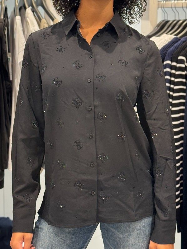 Guess - Ls Flore Logo Hotfix Shirt - Zwart