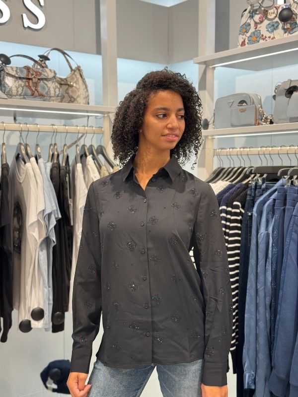 Guess - Ls Flore Logo Hotfix Shirt - Zwart