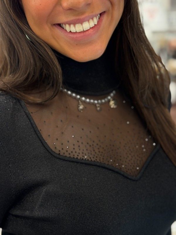 Guess - Ls Lucy Rhinestones Swtr Dress - Zwart