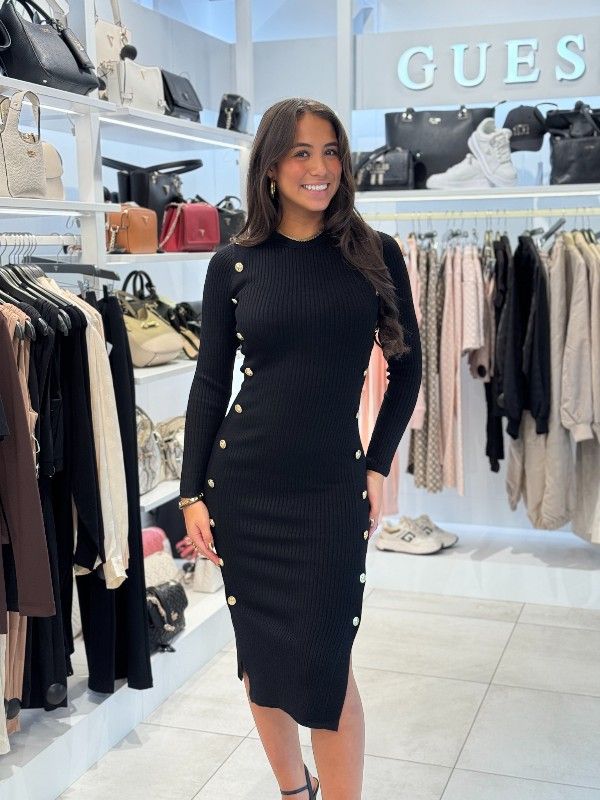 Guess - Ls Rib Logo Button Vonn Dress - Zwart