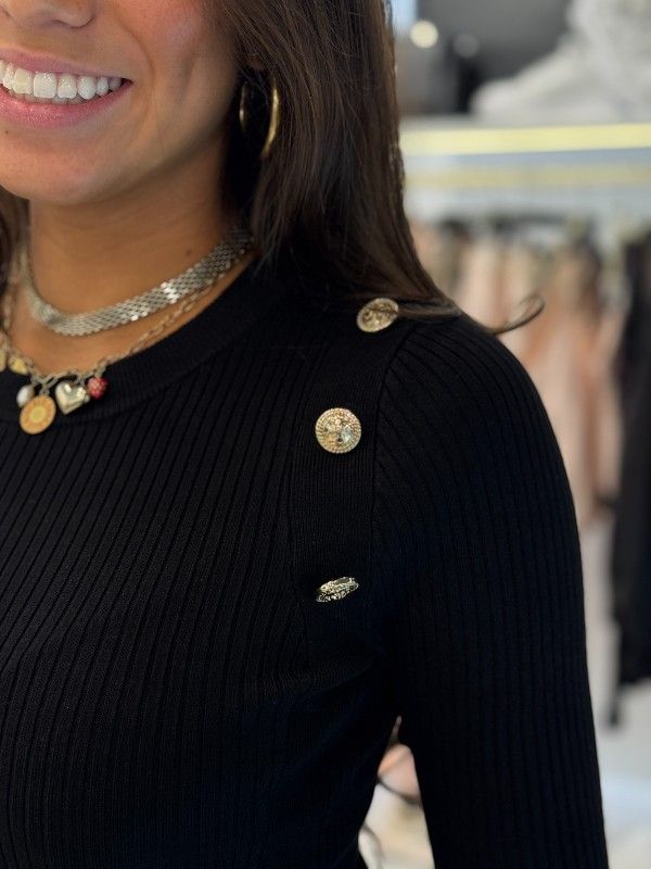 Guess - Ls Rib Logo Button Vonn Top - Zwart