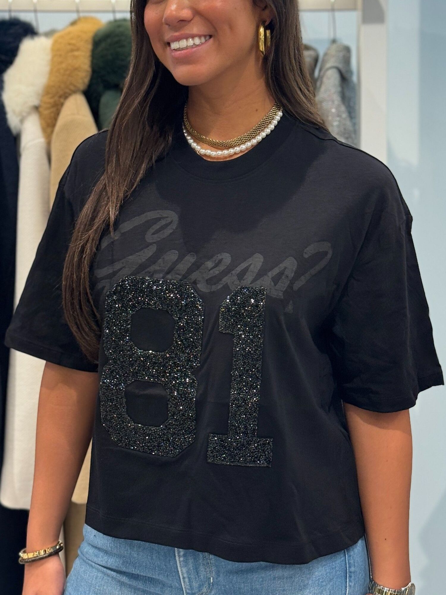 Guess - Ss 81 Rhinestone Os Tee - Zwart