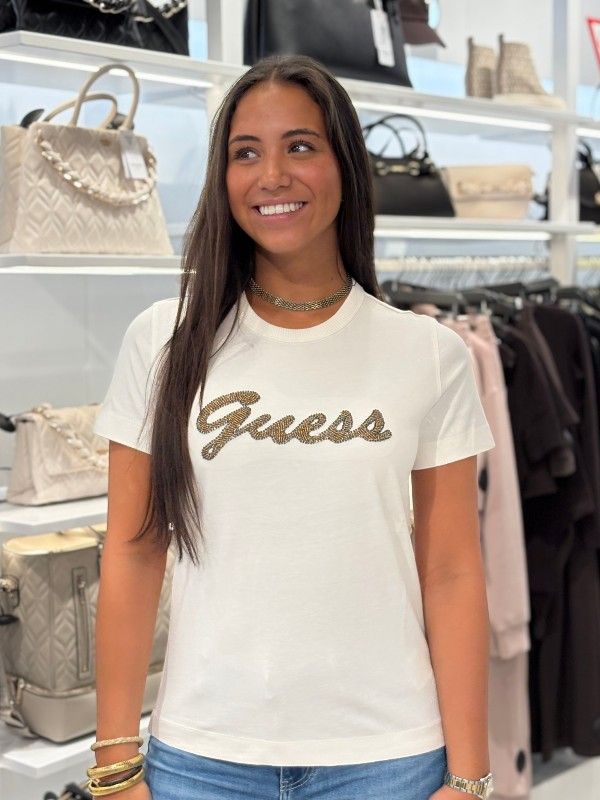 Guess - SS CN Beads Script Tee - Wit
