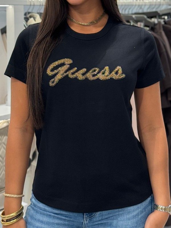 Guess - SS CN Beads Script Tee - Zwart
