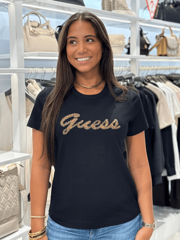Guess - SS CN Beads Script Tee - Zwart