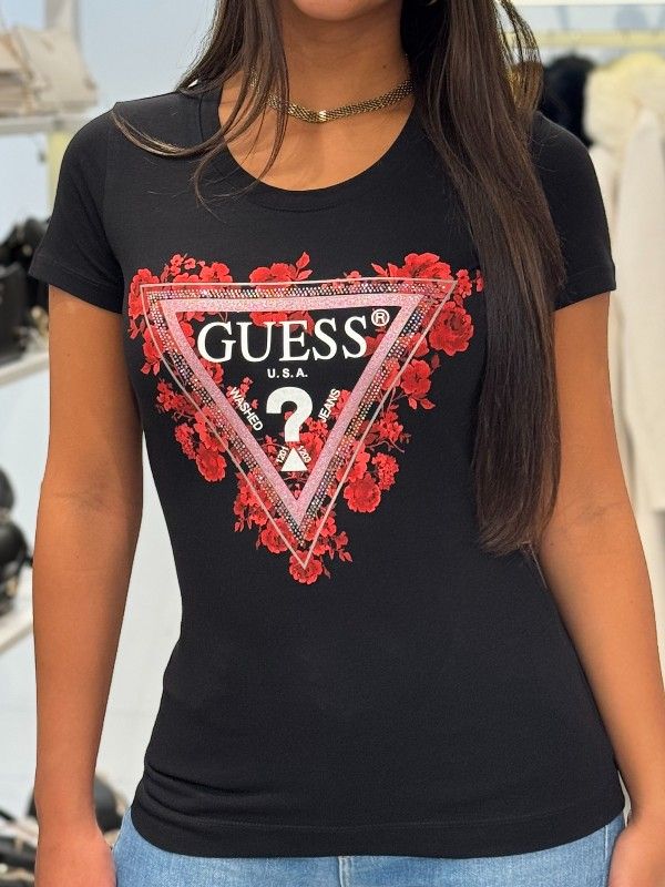 Guess - Ss Cn Flowers Triangle Tee - Zwart