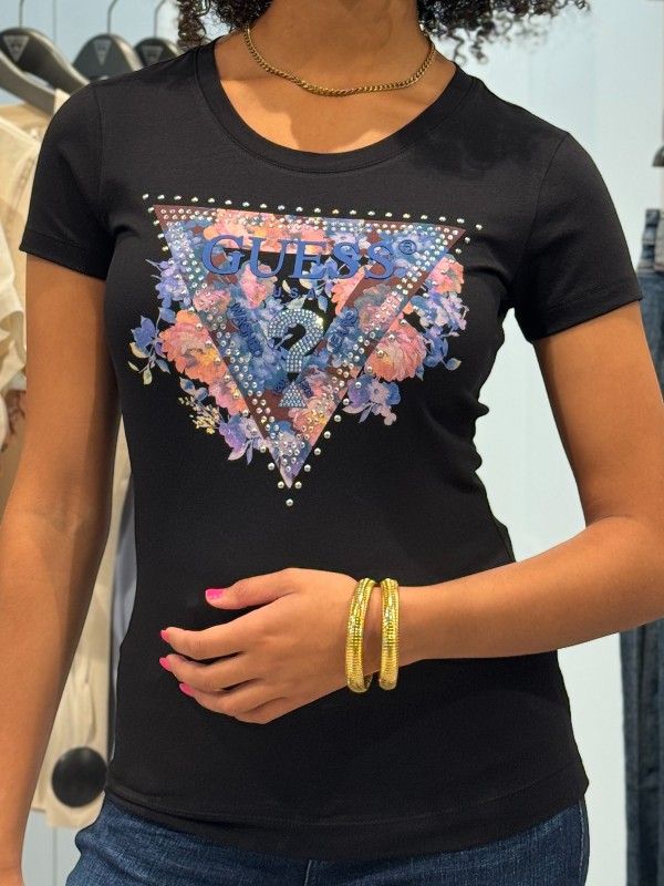 Guess - Ss Cn Peony Triangle Tee - Zwart