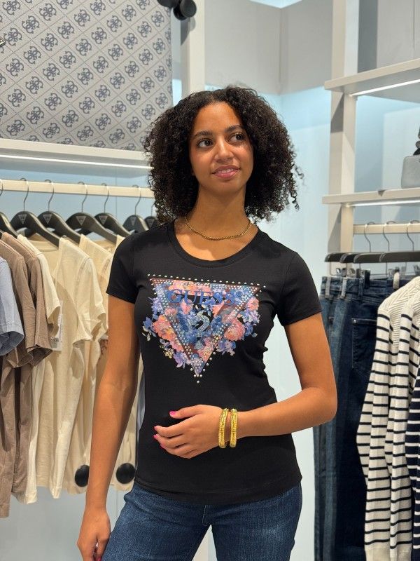 Guess - Ss Cn Peony Triangle Tee - Zwart