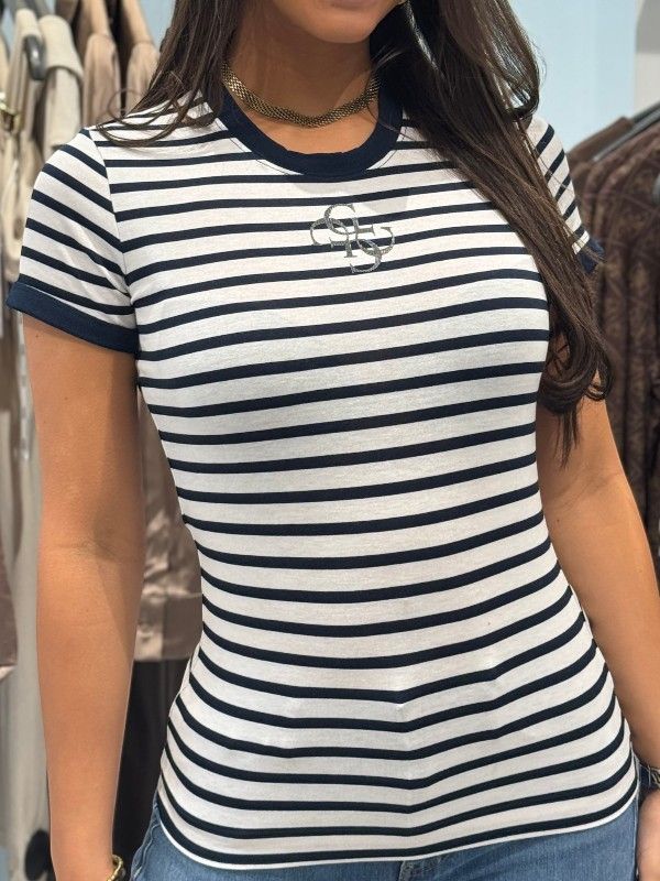 Guess - Ss Cn Striped Mini 4G Logo Tee - Zwart
