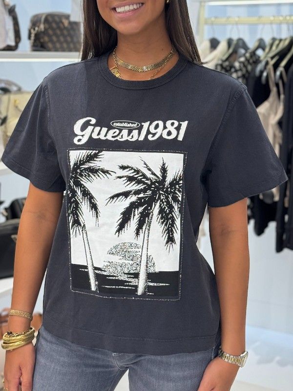 Guess - Ss Palm Print Washed Tee - Zwart
