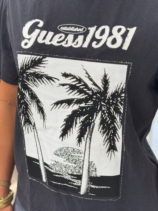 Guess - Ss Palm Print Washed Tee - Zwart