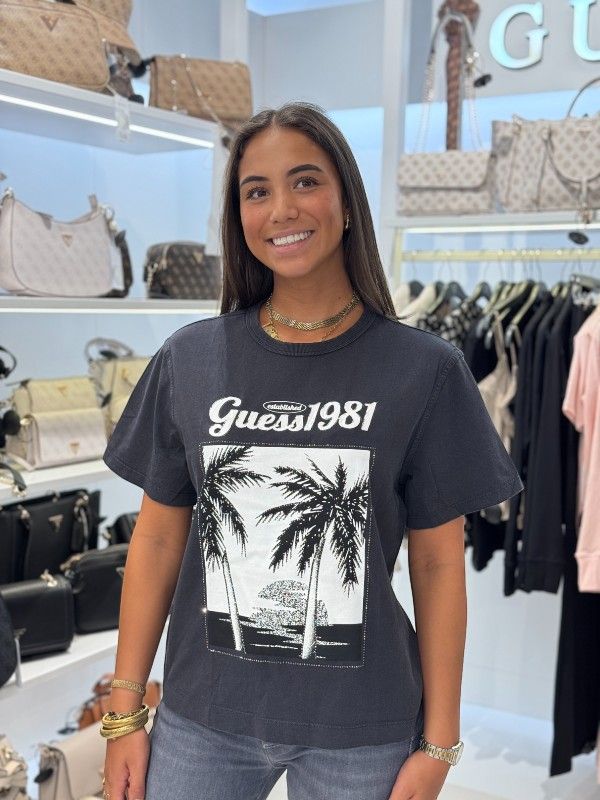 Guess - Ss Palm Print Washed Tee - Zwart