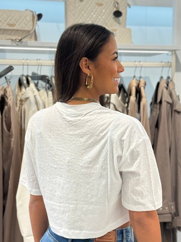 Guess - Ss Rhinestone Crop Os Tee - Wit