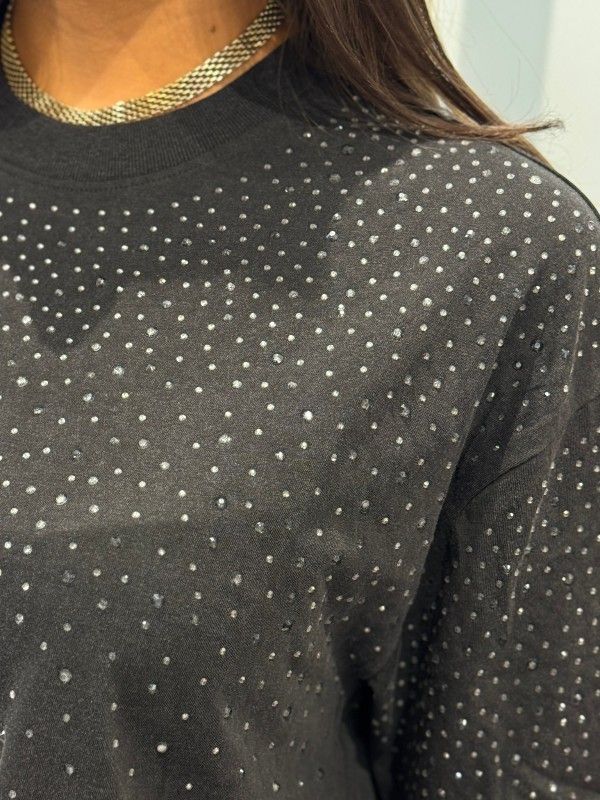 Guess - Ss Rhinestone Crop Os Tee - Zwart