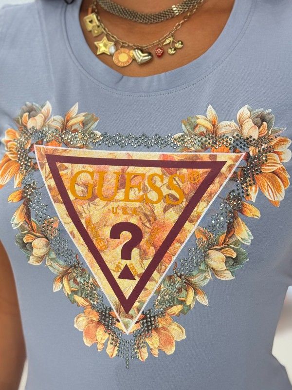 Guess - Ss Triangle Flowers Tee - Blauw