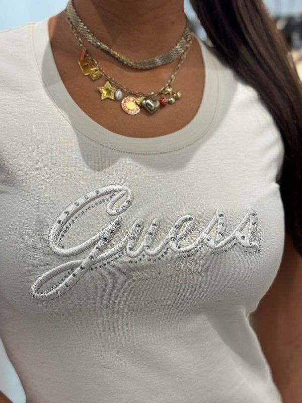 Guess - Cn Ss Embro Script Logo Tee - Beige