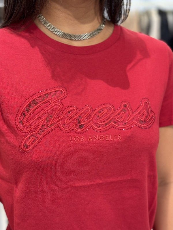 Guess - Ss Script Lace Logo Easy Tee - Rood