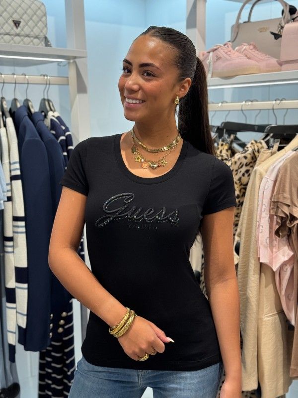 Guess - Cn Ss Embro Script Logo Tee - Zwart