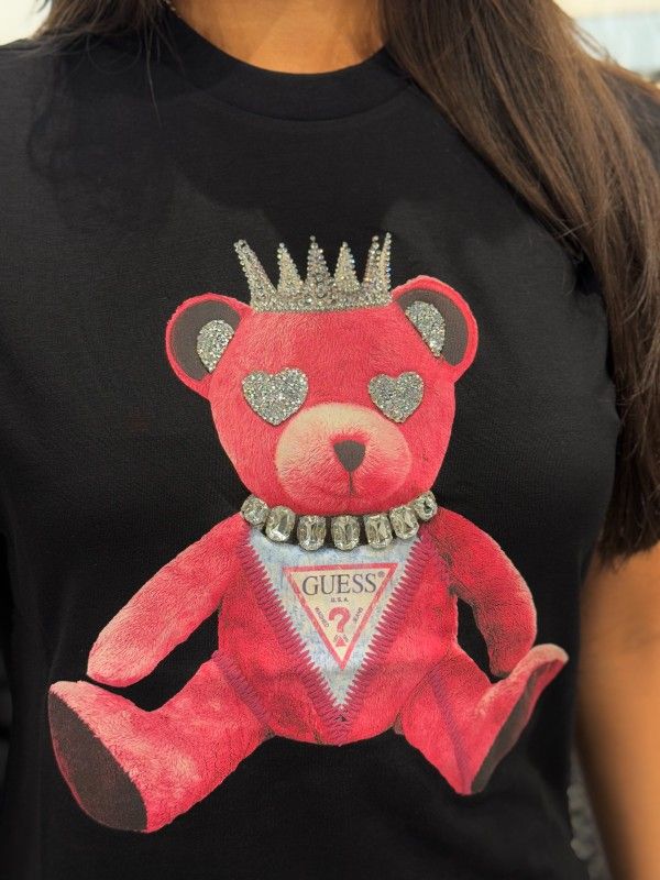 Guess - Ss Pink Bear New Crew Tee - Zwart