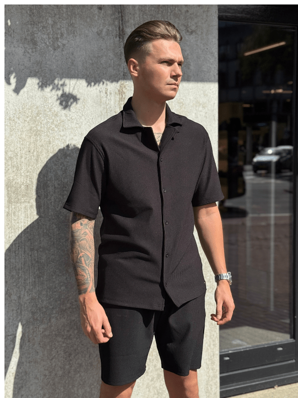 Malelions - Men Ribbed Camp Collar Shirt - Zwart
