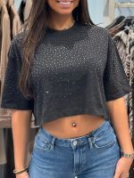 Guess - Ss Rhinestone Crop Os Tee - Zwart