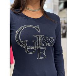 Guess - LS RN Guess Studded Logo Tee - Blauw