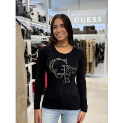 Guess - LS RN Guess Studded Logo Tee - Zwart