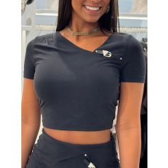 Guess - SS Karole Asymetric NK Crop Top - Zwart