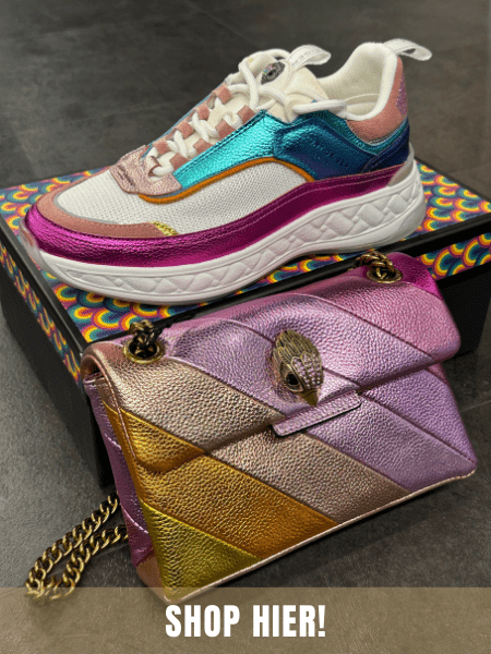 Kurt Geiger diverse kleuren tassen en bijpassende sneakers.