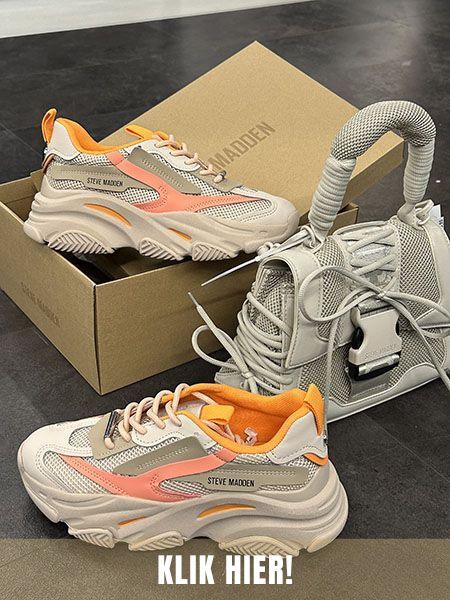Beige met oranje Possesion Steve Madden sneakers met de bijpassende bestseller Bdiego tas. 